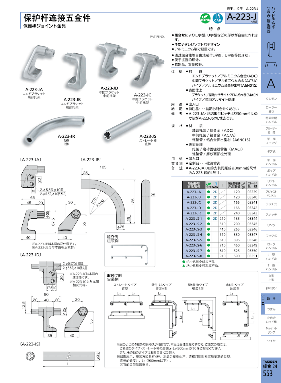 takigen A-223-JR保护杆连接五金件产品_询价_多少钱_takigen官网